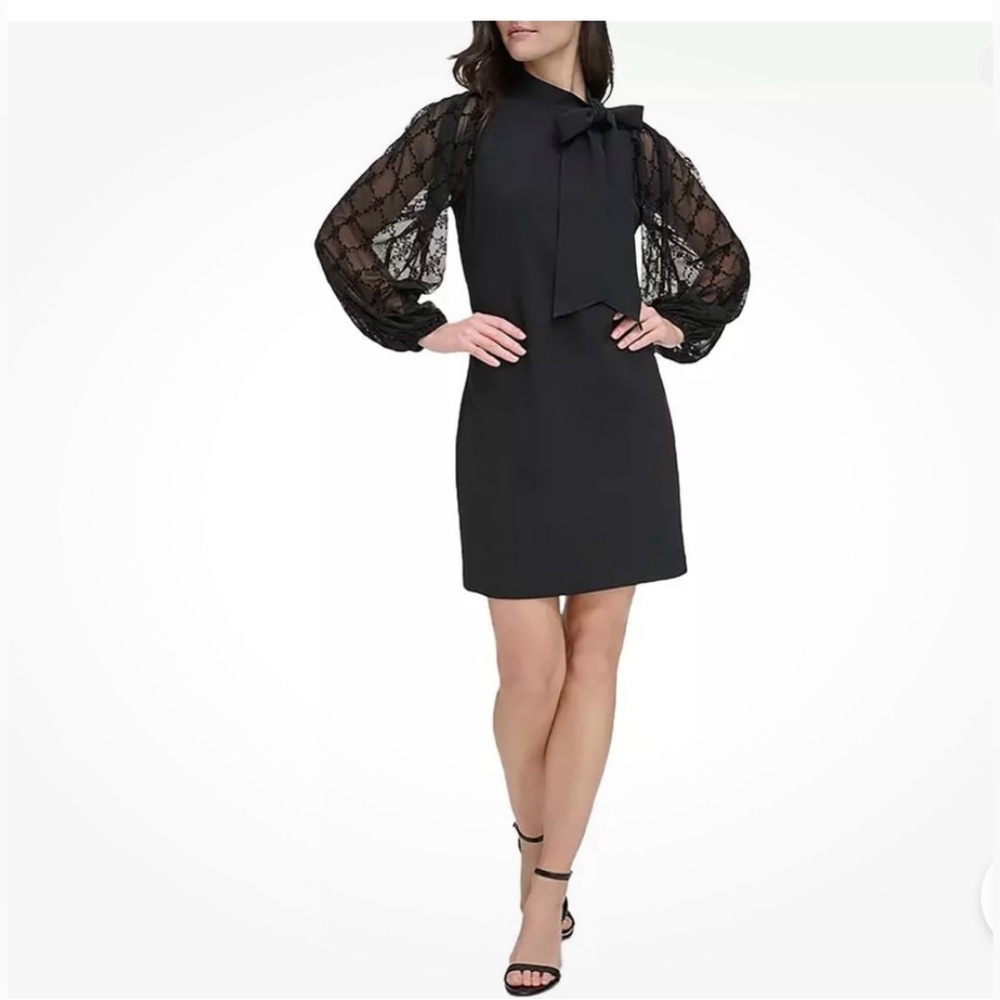 NWT Vince Camuto dress size 2 black stunning crepe bow neck lace sleeves 🖤🖤